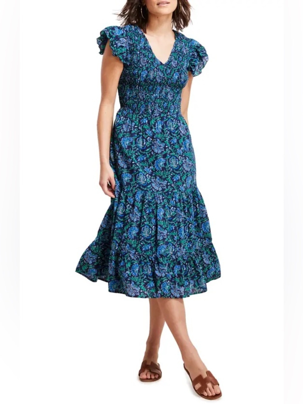 Vineyard Vines Floral V-Neck Smocked Midi Dress Pockets Modal Cotton M